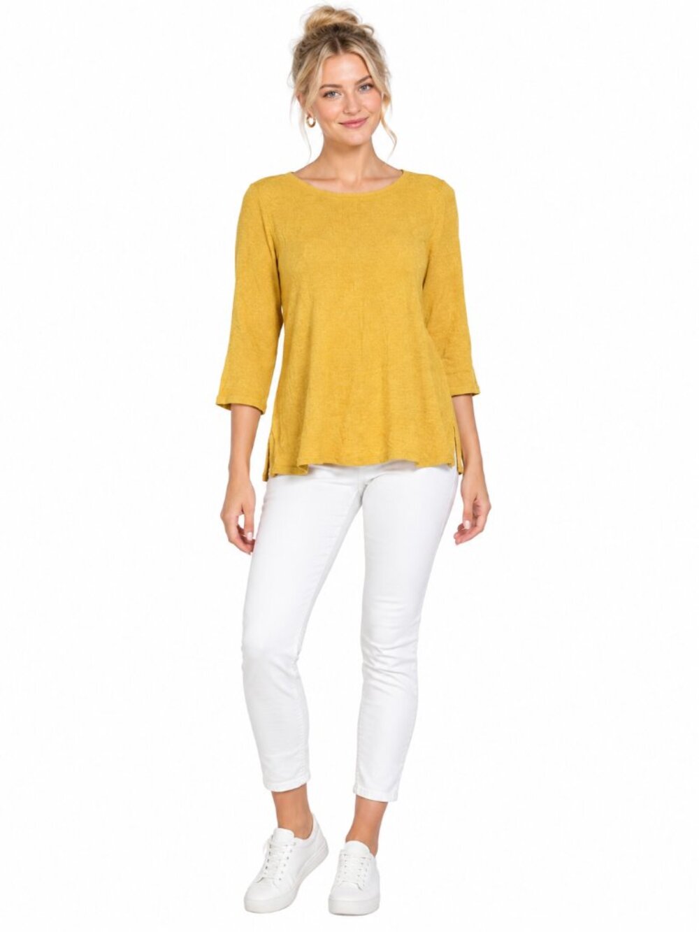 2/$30 Chico's Cashmere Blend Bateau Neck Knit Top 3/4 Sleeve Mustard 8 #A4899
